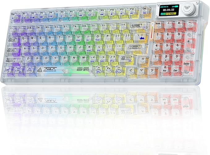 AULA F98 Pro Wireless Mechanical Keyboard with Transparent KeycapsHot-swappablePre-lubed Linear SwitchesGasket StructureRGB BacklitOLED ScreenBT5.0/2.4G/USB-C Wired Computer Keyboard