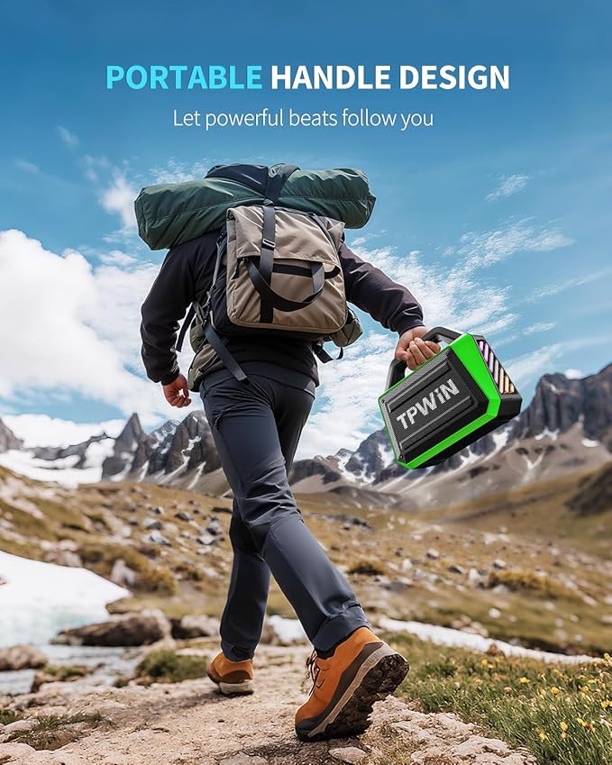Bluetooth Speaker - 80W Loud Rugged Outdoor Speakers IPX6 Waterproof 20H Playtime Deep Bass Lightshow TWS BT 5.3 Wireless Portable for Travel Hiking Camping Beach Pool - Green