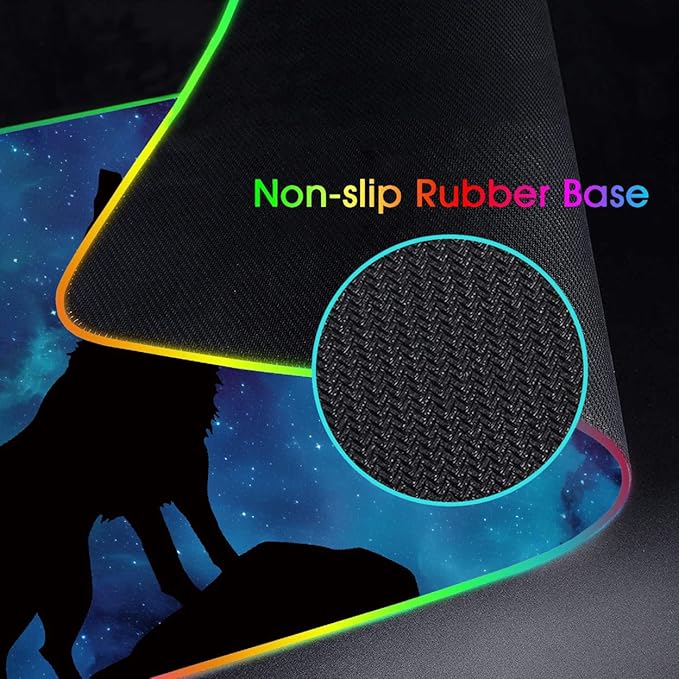 RGB Gaming Mouse Pad and Coffee Coaster XXL Large Glowing LED Mousepad Anti-Slip Rubber Base Computer Keyboard Desk Mouse Mat 31.5 X 11.8 Inch - Blue Galaxy Nebula Wolf