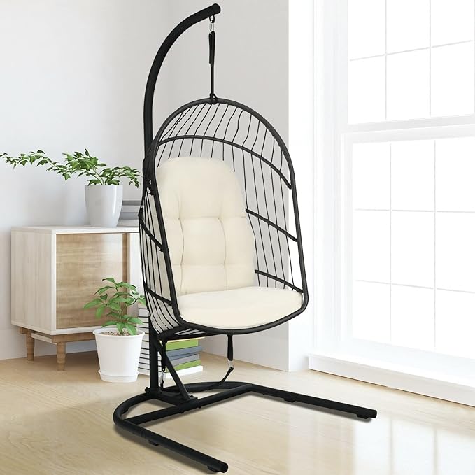 Office Chair Gaming Chair Computer Chair Hanging Wicker Egg Chair w/Stand Cushion Foldable Outdoor Indoor Beige