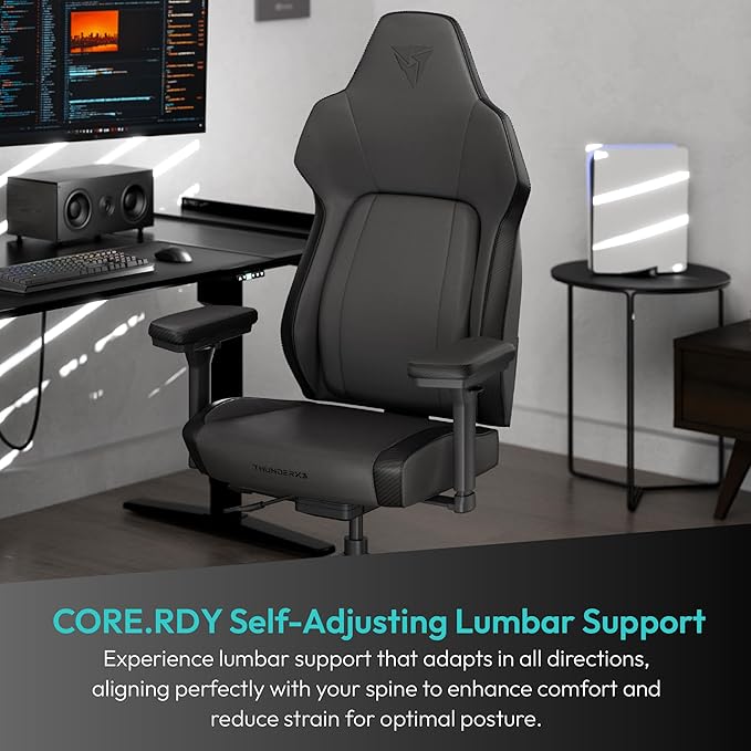ThunderX3 CORE Smart Modern Gaming Chair Black – Ergonomic Office Chair Automatic Lumbar Support Synchronised Mechanism 3D Armrests Faux Leather for Users up to 125kg 155-190cm