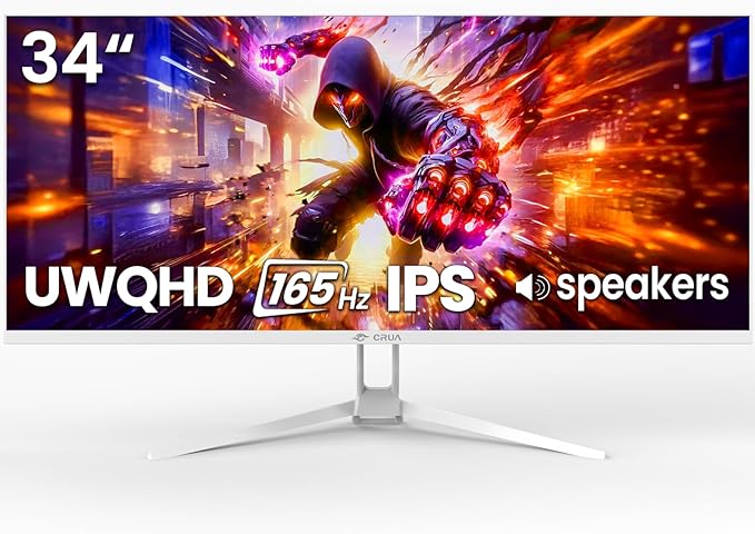 CRUA 34'' White Gaming Monitor 165HZ/144HZ WQHD(3440x1440P) IPS UltraWide Screen Computer Monitors with Built-in Speakers Supports FreeSync 120% sRGB HDMI 2.0 &amp DP 1.4 Wall Mountable Install