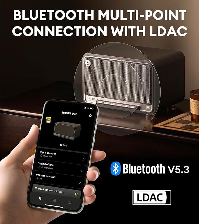 Edifier D32 Tabletop Wireless Speaker Hi-Res Audio LDAC ALAC 60W (RMS) 2.1 Acoustic Architecture 11h Playtime APP Control Bluetooth 5.3 AirPlay2 USB-C and AUX Inputs Black Walnut