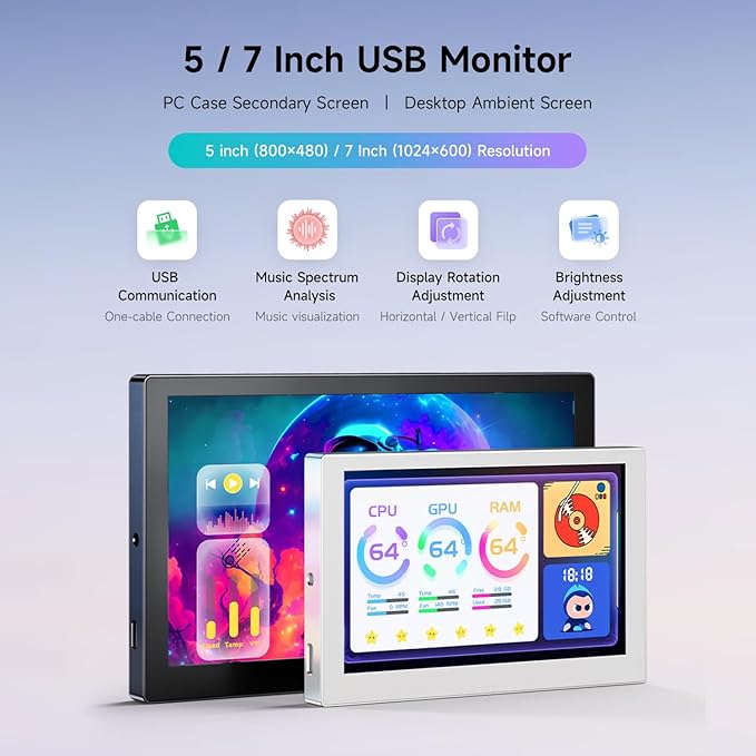 waveshare 5inch USB Monitor PC Case Secondary Screen/Desktop RGB Ambient Screen IPS Panel 800×480 Resolution with Music Spectrum Analysis Function Type-C Interface CNC Metal Case Silver