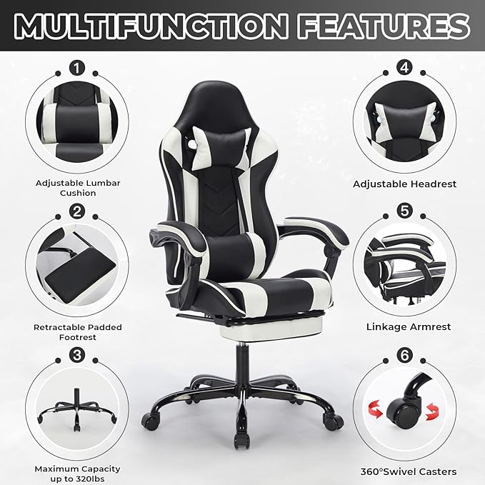 Ergonomic Gaming Chair with Footrest Black and White Gaming Chair for Adults Girls Women Video Game Chairs with Wheels &amp Lumbar Support 300 LBS Capacity (Black+White2)