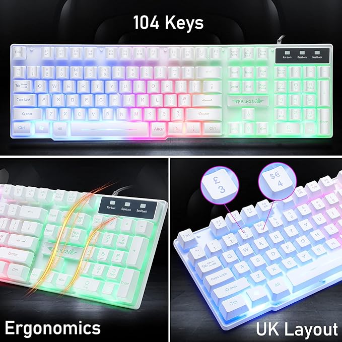 Wired Gaming Keyboard and Mouse Headset ComboRainbow LED Backlit Wired KeyboardOver Ear Headphone with MicRainbow Backlit Gaming MiceMouse Padfor PCLaptopMacPS4Xbox(White)