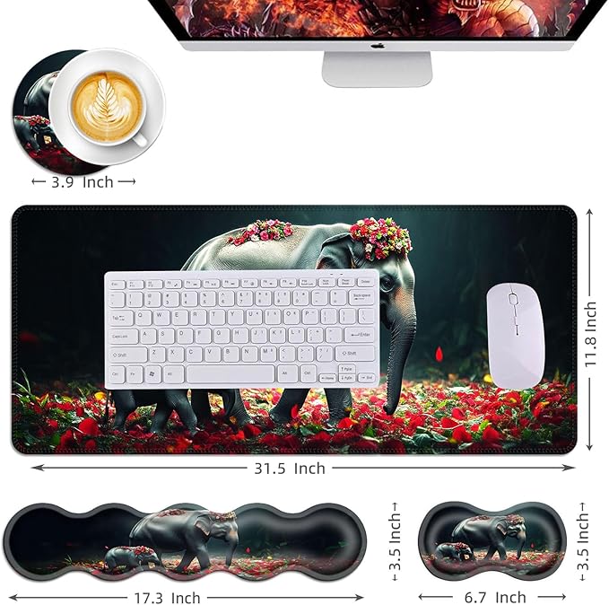 Mouse PadLarge Desk Mat Set 4in1 XL Mousepad + Keyboard Wrist Rest+Mouse Wrist Rest+Coaster with Ergonomic Desk Pad for Home Office Table Computer Cover -Mother and Baby Elephants