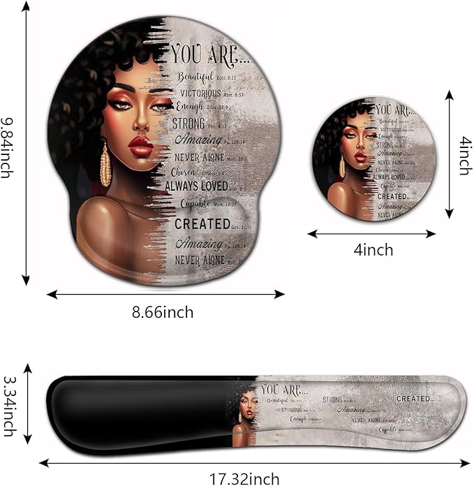 Ergonomic Gaming Mouse Pad Wrist Support and Memory Foam Keyboard Wrist Rest with Anti-Slip Base for Home Office Computer Desk Pad Gel Black Mouse Pad Easy Typing African American Women Black Girl