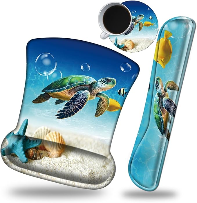 Keyboard Wrist Rest and Mouse Wrist Rest Pad Set Made of Memory Foam with Non Slip Rubber Base Ergonomic Gel Wrist Rest for Computer Keyboard Gaming Office Working with Ocean Sea Turtle Coaster