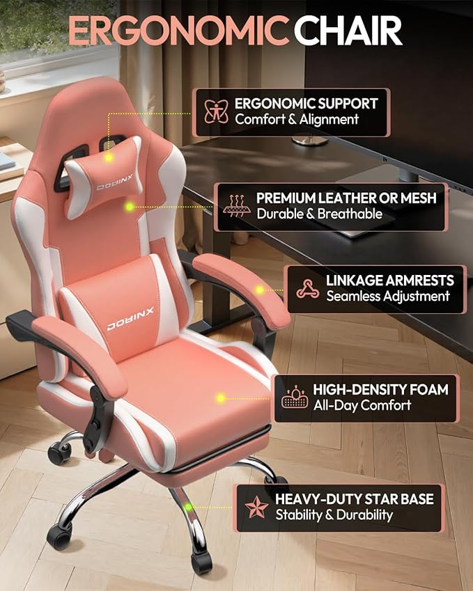 Dowinx Ergonomic Pink Gaming Chair with Footrest &amp Massage Lumbar 2D-Linkage Armrests for Cute Aesthetic Esports Chair for Girls Office Home and Long Gaming Sessions Pink