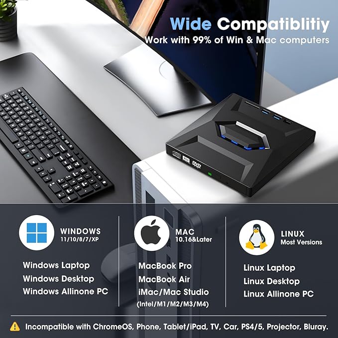 ROOFULL External CD DVD Drive with USB 3.0 Type-C Ports + SD Card Slot + Carrying Case for Laptop PC CD DVD +/-RW Reader Writer Burner Player ROM Optical Disk Drive for Windows Mac Linux Computers