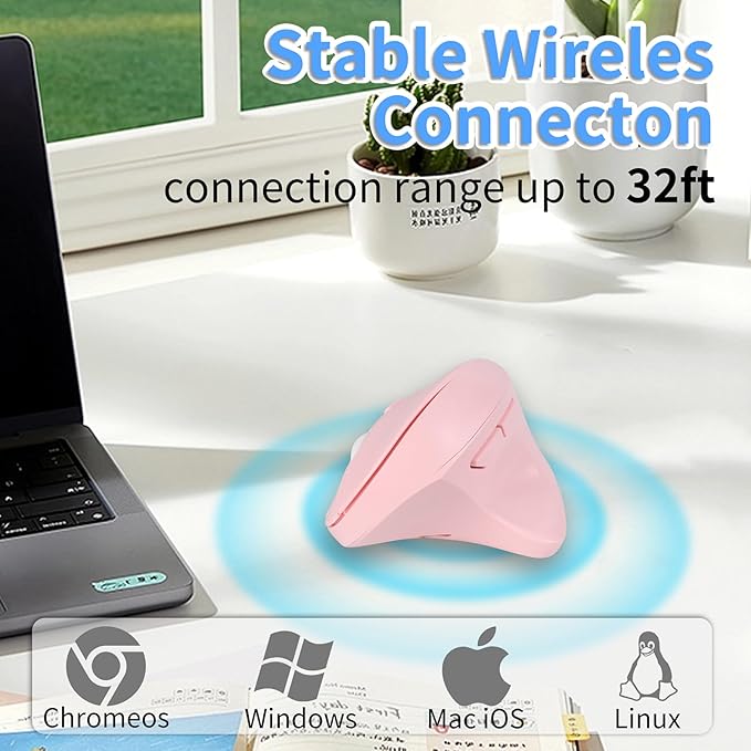 Wireless Silent Ergonomic Vertical Mouse - Dual Mode 2.4G/Bluetooth Rechargeable Type C Pain Relief for Office and Home Use Compatible with Laptop &amp PC (Pink)