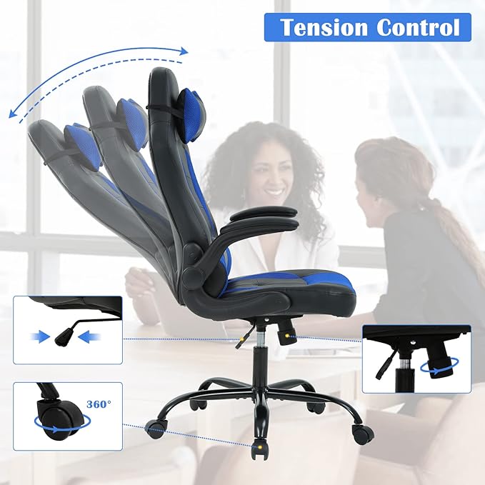 Gaming Chair Office Chair Computer Chair with Lumbar Support&amp Headrest Adjustable Ergonomic Swivel Task Executive Desk Chair High-Back Racing Style Leather Gaming Chair for Adults Blue