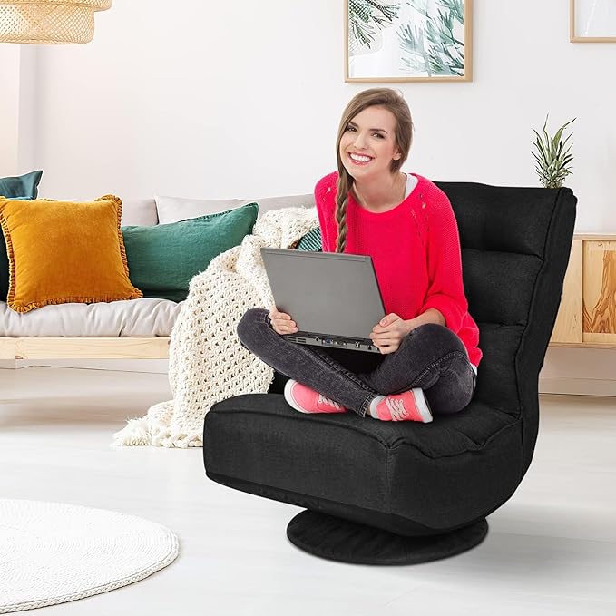 ERGOMASTER Reclining Folding Floor Gaming Chair w/ 360-Degree Swivel 5 Adjustable Positions（Black）