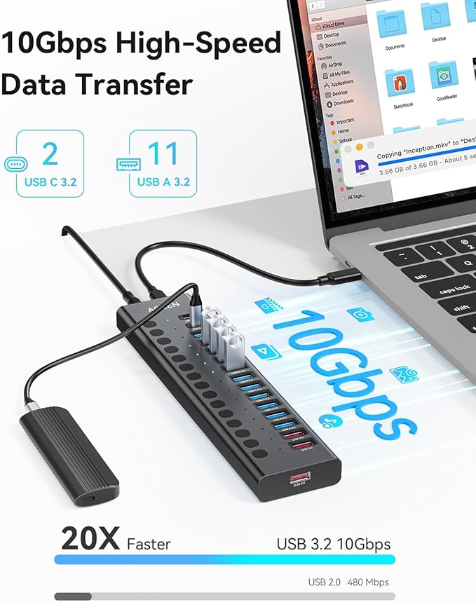 AGEEN 16-Port Powered USB 3.2 Hub-10Gbps SuperSpeed Data Splitter with 2 USB-C &amp 11 USB-A Ports 3 x 24W QC 3.0 Fast Charging Ports Individual On/Off Switches 96W Power Adapter for Laptop (16 Po