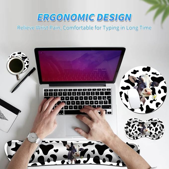 Keyboard Wrist Rest &amp Mouse Pad &amp Mouse Wrist Rest Support &amp Coaster Non Slip Rubber Base Wrist Support with Ergonomic Raised Memory Foam for Computer Laptop Home Office Black White Cow