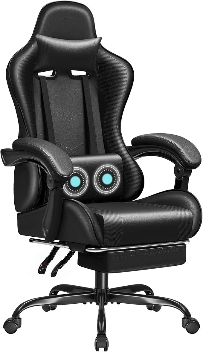 JUMMICO Gaming Chair Ergonomic Computer Chair with Footrest and Massage Lumbar Support Height Adjustable Video Gaming Chair with 360° Swivel Seat and Headrest (Black)