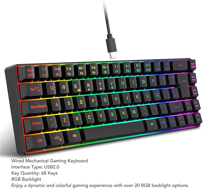 Yunir Mechanical Gaming Keyboard68 Keys Wired Mechanical KeyboardRGB Backlight Ergonomic Mechanical Gaming Keyboard for Wins 2000 7 8 10 VistaSupport Spanish Language Only