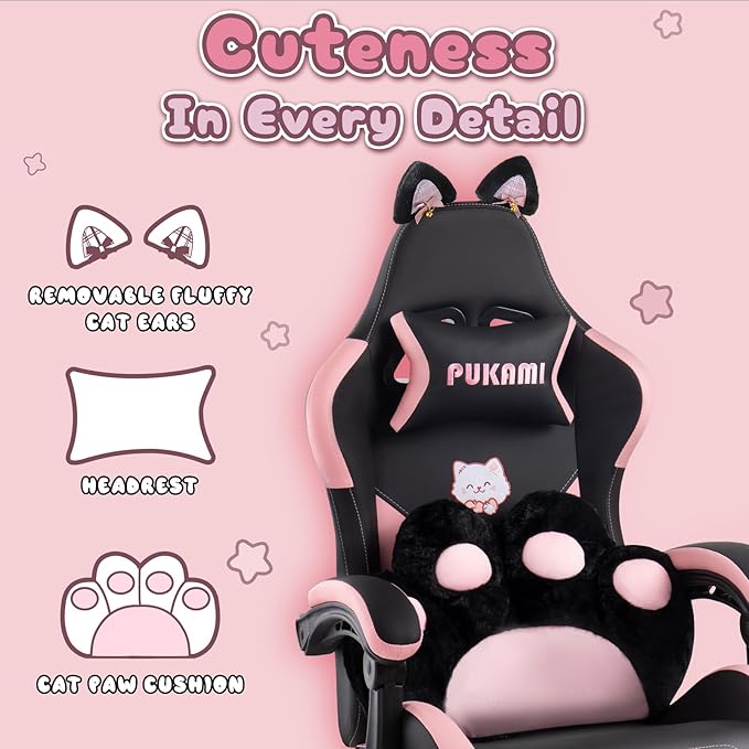 PUKAMI Gaming Chair with Cat EarsCute Computer Chair for Girl with FootrestErgonomic Gamer Chair Kawaii Gaming Chair Game Chair (Light Black)