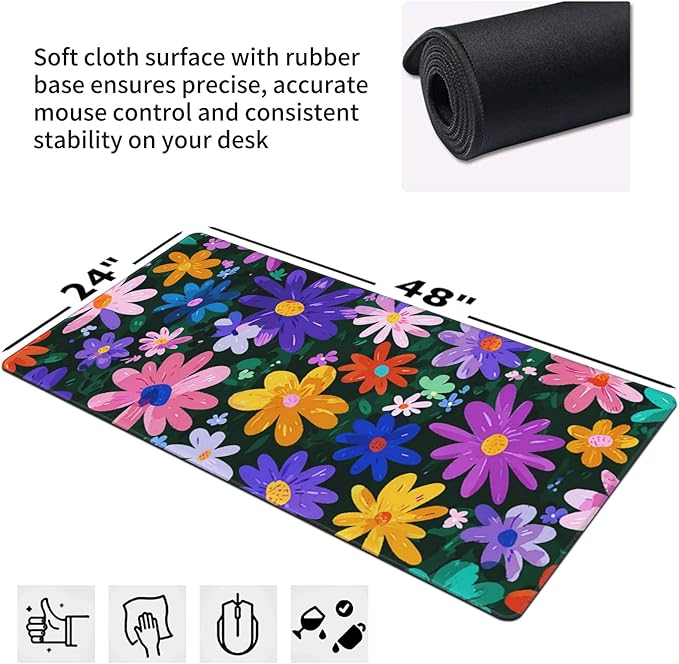Colorful Flower Mouse Pad Extra Large Gaming Mouse Pads Waterproof Non-Slip Rubber Base Keyboard and Mouse Mat Floral Desk Pad for School Office Home 48 x 24