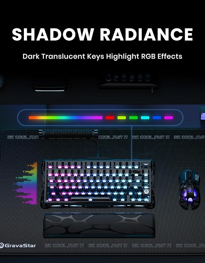 GravaStar Mercury K1 75% Wireless Mechanical Keyboard Aluminum Alloy Gaming Keyboard with Knob Hot Swappable Linear Switches Transparent Keycaps RGB Backlit 2.4GHz/BT5.0/USB for PC Gaming