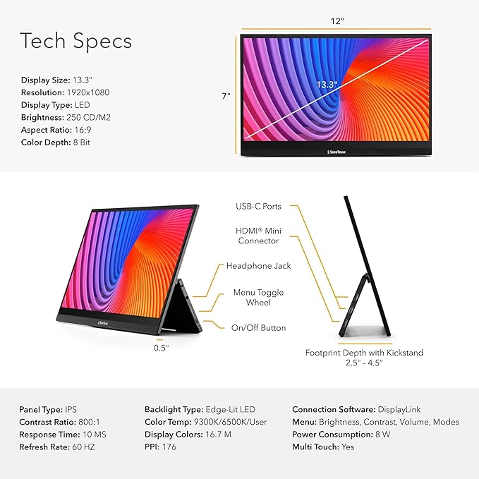 SideTrak Solo Pro 13” Touchscreen Portable Monitor for Laptop | 1080p LED Small Laptop Screen Extender | Kickstand | 10ms Response Time | 60Hz Refresh Rate | USb-C Mini-HD | 1.6 lbs Travel Monitor