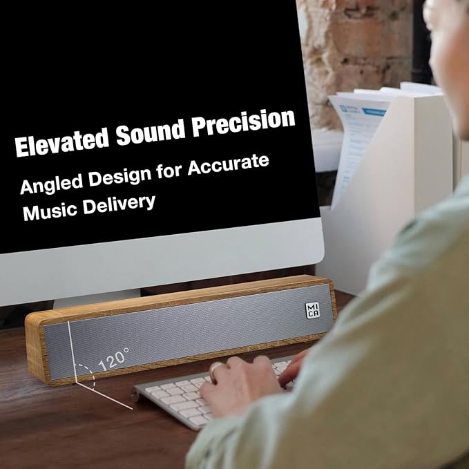 MICA Bluetooth Computer Speakers Angled Retro Wooden Computer Sound Bar 3.5mm Aux-in Connection Vintage Wired USB Powered PC Speakers for Desktop Monitor Laptop Tablet - Yellow (M30T)