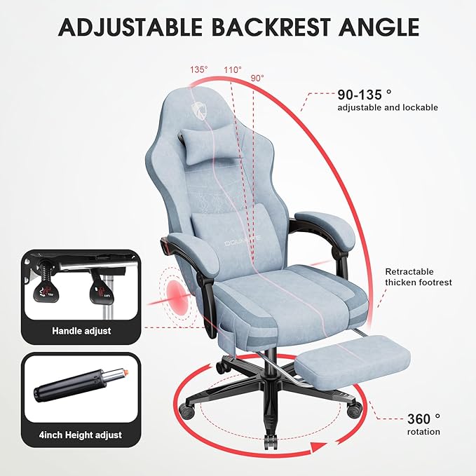 Gaming Chair Fabric Computer Office Chair with Massage Ergonomic Chair with Footrest Lumbar Support Pocket Spring Widened Cushion Metal Legs 350LBS Blue