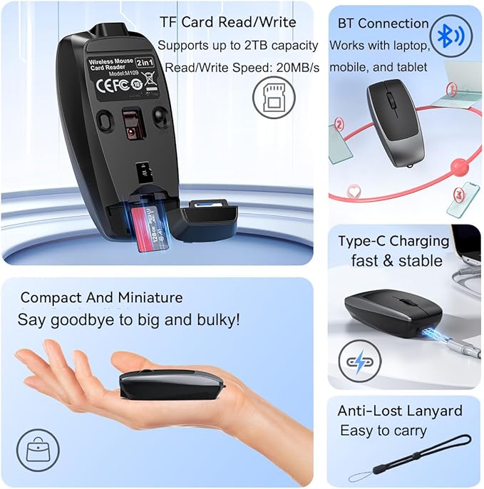 Wireless Mouse Mini Small Finger Bluetooth Mouse with TF Card ReaderSilent Pocket Portable Handheld Tiny Compact USB Travel Optical Mice for PC Laptop Computer Macbook Tablet Kids Women Men Gift
