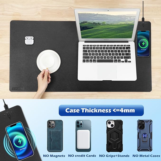Wireless Charging Desk Mat with Desk Pad for Desktop Charging Large Mouse Pad Waterproof Leather Computer Mat Mouse Pad Non-Slip Protector on Top of Desks for Keyboard and Mouse (black-r 36*17inch)