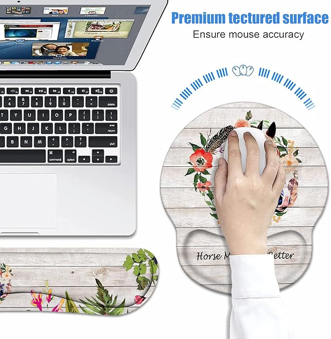 Keyboard Wrist Rest + Mouse Pad Wrist Support Set with Coasters Non-Slip PU Base Ergonomic Mousepad for Home Office Working Studying Easy Typing &amp Pain Relief Horse Theme Horses Make Life Bette