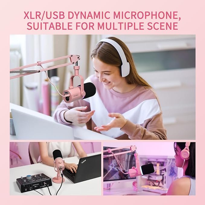FEELWORLD PM1 XLR USB Dynamic Microphone with Desktop Stand Gifts for Podcast Recording PC Computer Gaming Streaming Vocal Voice-Over Studio Metal Mic RGB Light Mute Button Headphones Jack (Pink)