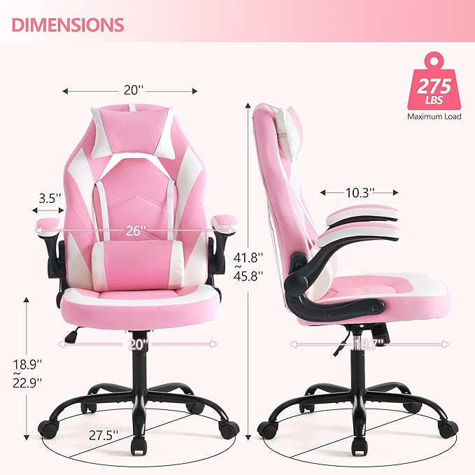 OLIXIS Computer Gaming Desk Chair - Ergonomic Video Game with Comfy Lumbar Support and headrest PU Leather with Flip-up Arms Adjustable Height and Swivel Wheels for Adults Pink