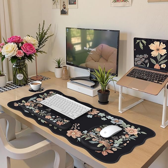 iLeadon Floral Mouse Pad Sets Desk Matt for Desktop Mouse Pad with Wrist Support Extra Large Desk Size Mouse Mat+Cup Coaster with Non-Slip Base for Women Home Office (Black)