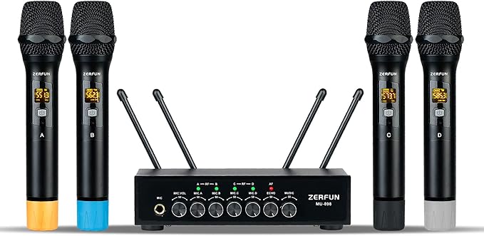 Pro Wireless Microphone System 4 Channel UHF Metal Cordless Handheld Mics with Echo Bluetooth for Church Karaoke Singing 4x50 Adjustable Frequency(MU-898 Battery 4 Handheld)