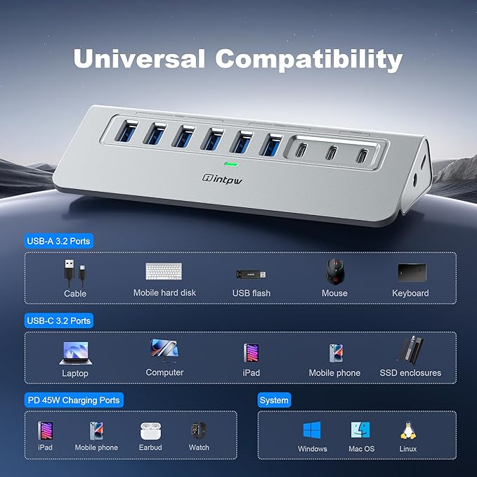 Powered USB Hub 10Gbps intpw YH6AC Plus 11 Port USB 3.2 Hub(USB A/USB C 3.2+4 USB-A 3.0+2 PD 45W Fast Charging Ports+SD/TF Card Reader) 65W Power AdapterAluminum USB HUB for PCLaptopiPhone 17/16