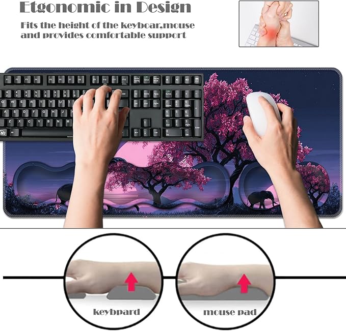 Ergonomic Keyboard Wrist Rest &amp Mouse Pad Wrist Rest SetXL Gaming Desk Mat 31.5x 11.8Non-Slip BaseMemory FoamEasy Typing Pain Relief for Office &amp HomeBlack Elephant Pink Tree