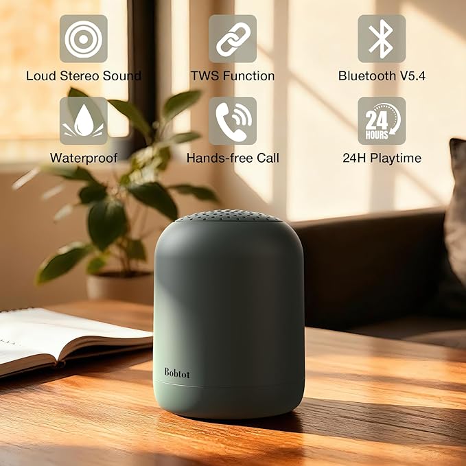 Bobtot Portable Bluetooth Speakers Wireless Waterproof Speaker with 24H Playtime Loud Stereo Sound TWS Built-in Microphone Small Size with Carry Lanyard Gray