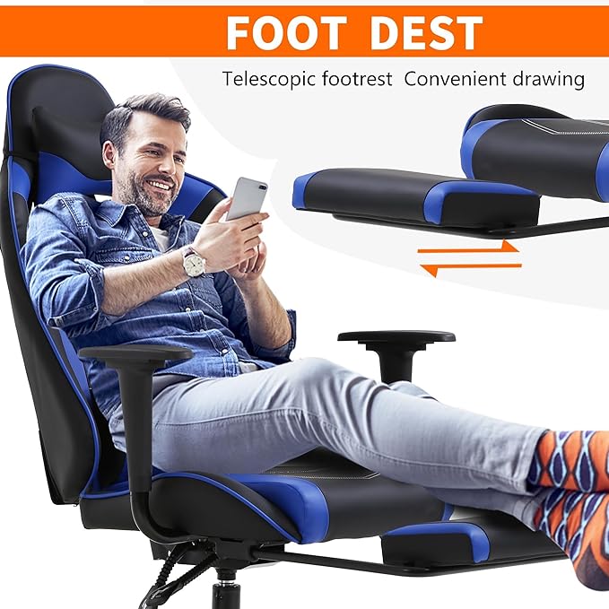 Office Gaming Chair Pu Leather Comfortable Gaming Chair for Adults Gamin Chair with Headrest &amp Lumbar Support Office Chair with Foot Rest &amp Armrest Height Adjustable Computer Chair(Blue)