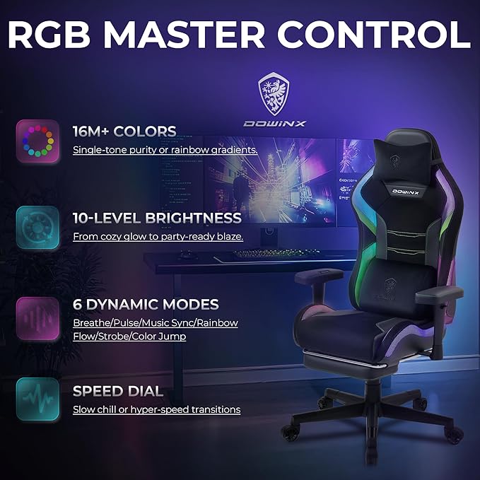 Dowinx Gaming Chair with RGB LED Lights Ergonomic Game Chair with Footrest Massage Lumbar Support Computer Gamer Chair for Adults Teens Black Green