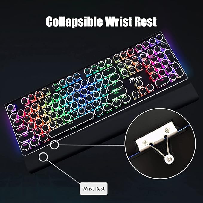 RK ROYAL KLUDGE S108 Typewriter Style Mechanical Gaming Keyboard with RGB Backlit Wired PC Game Keyboard Full Size with Detachable Wrist Rest and Number Pad Retro Round Keycaps Red Switches Black