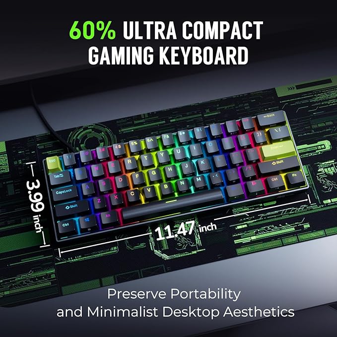 RK ROYAL KLUDGE C61 HE Gaming Keyboard 60% Wired Mechanical Keyboard with Hall Effect Magnetic Switch 8000Hz Polling Rate Rapid Trigger RGB Backlit 61 Keys Black Green