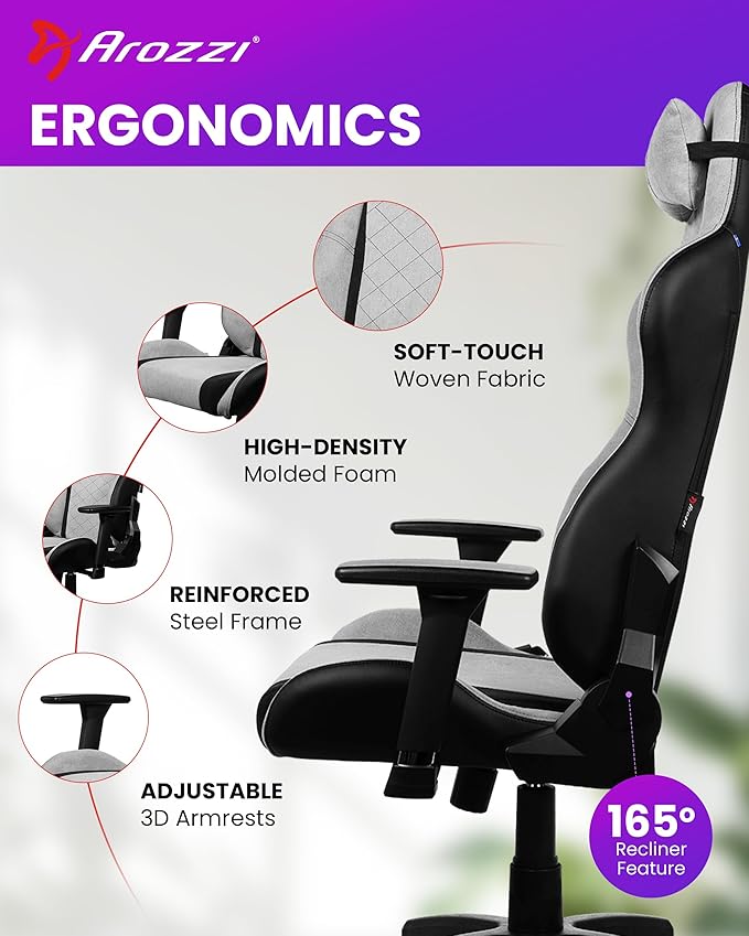 Arozzi Avanti Gaming Chair - Soft Fabric Ergonomic Gaming Chairs for Adults - Adjustable Height Backrest &amp Armrest with Head Pillow - Home Office Setup Professional Computer Chairs Light Grey