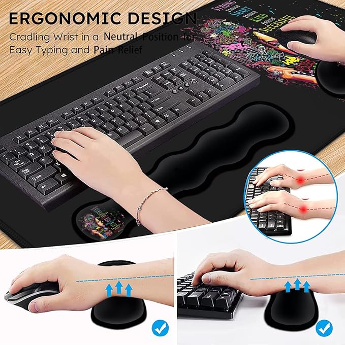 Extended Large Mouse Pad+Keyboard Wrist Rest Support  Ergonomic Memory Foam Wrist Rest 4Pcs (31.5×11.8 in) Desk Pad Set for Home Office Anime African American Woman XXL Gaming Black Mouse Pad