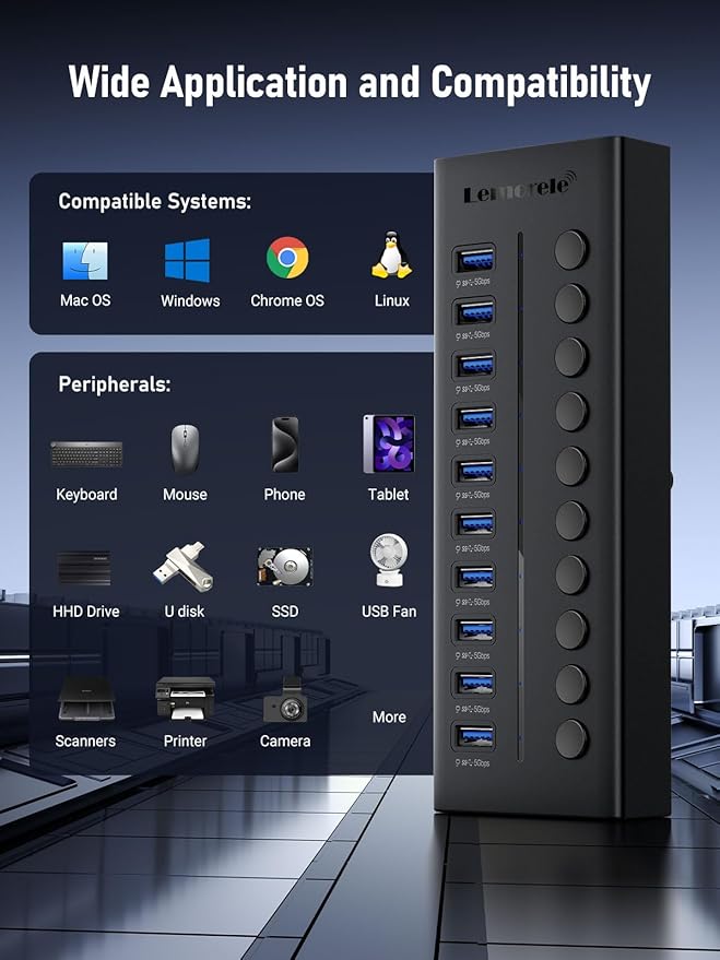 Lemorele 10-Port 24W USB3.0 Powered USB Hub with Individual LED On/Off Switches USB Splitter Support 5Gbps Data Transfer &amp 5V 0.9A Charge for Phone Power Bank TWS etc.