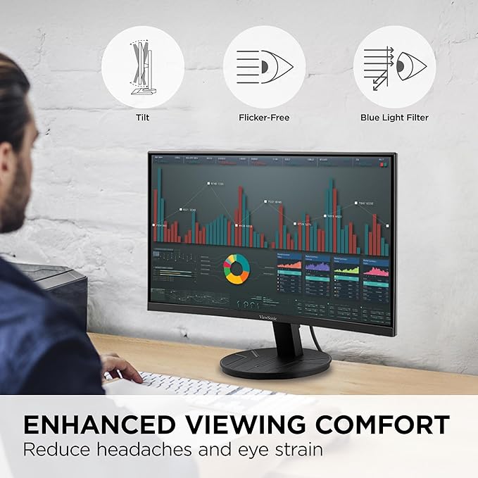 ViewSonic VA2416C 24 Full HD 1080p Frameless Curved Monitor with Variable Refresh Rate Eye Care HDMI and DisplayPort Inputs for Home and Office (Renewed)