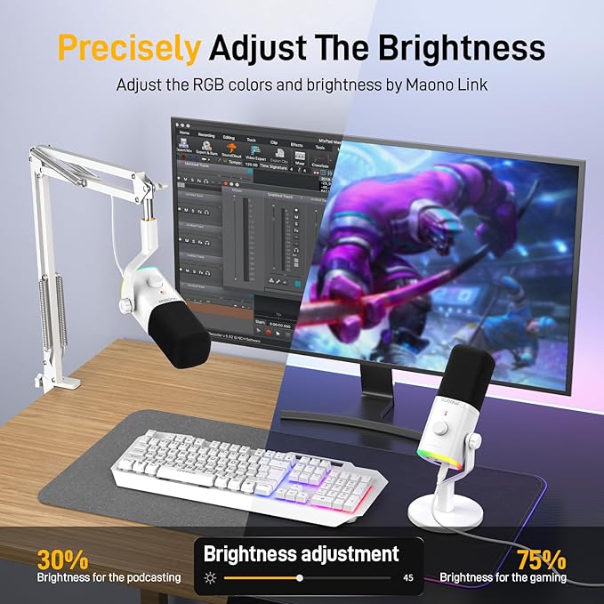 MAONO USB/XLR Podcasting Microphone for PC Gaming Streaming Dynamic Mic with Mute Button RGB Desktop StandComputer Mic for Video Studio Recording-PD100XWhite
