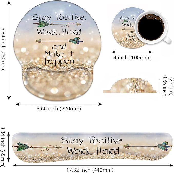 Keyboard Wrist Rest and Mouse Pad Wrist Support Set with CoastersStay Positive Work Hard and Make It Happen Inspirational Quote Wrist Mouse Pad with Non-Slip PU Base for Computer Laptop Home Office