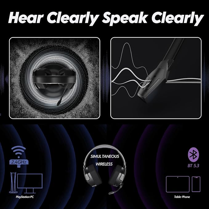 NUBWO Wireless Gaming Headset with Mic for Ps5 Ps4 PC Zero Interference 100-Hour Battery All-Day Play 23ms Sync for Fortnite &amp Call of Duty/FPS Gamers Triple Mode All Devices Compatible - Gra