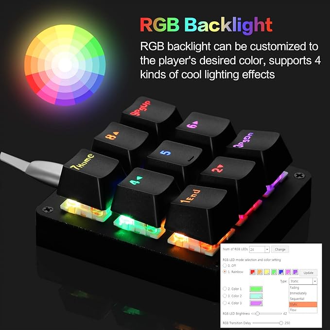 Koolertron One Handed Macro Mechanical Keyboard RGB LED Backlit Portable Mini One-Handed Mechanical Gaming Keypad OSU! Keyboard 9 Fully Programmable Keys Blue Switches
